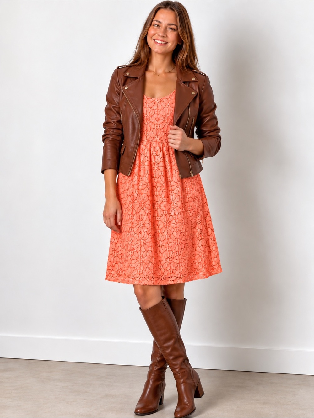 ZARA Basic Collection Coral Lace Floral Fit & Flare Lace Overlay Boho Mini Dress